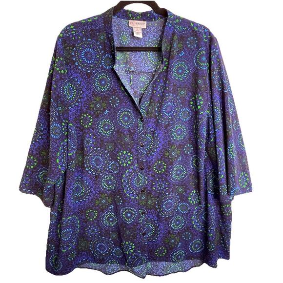 Catherines Womens Shirt 2X Plus Blue Green Geometric Pansy Button Up Boho - Picture 1 of 14